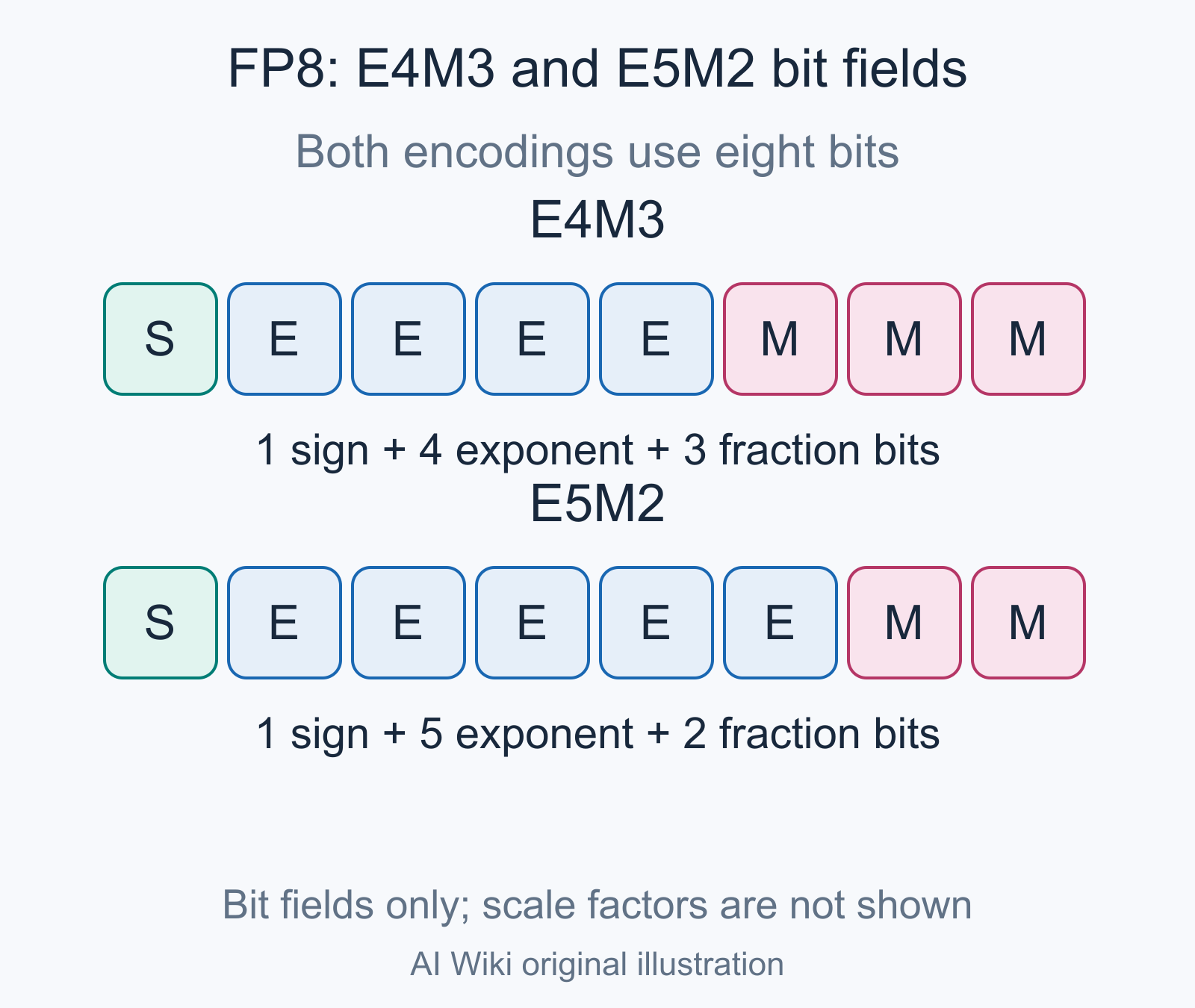Original eight-bit field diagrams for E4M3 and E5M2, distinguishing sign, exponent and fraction bits by label and color.