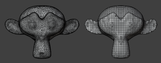 Two wireframe meshes comparing irregular geometry with a remeshed result