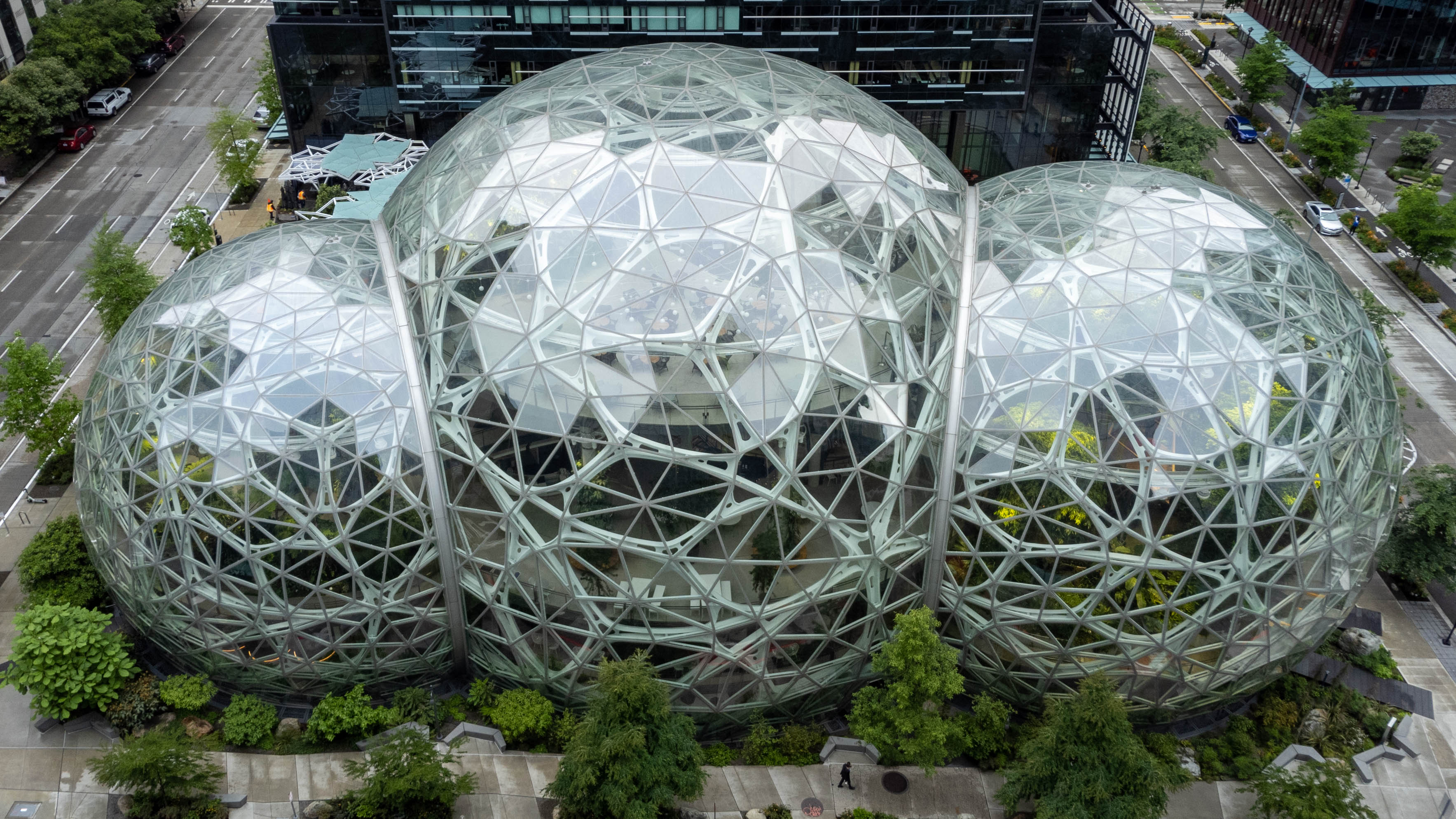 The three glass Amazon Spheres in Seattle, with surrounding buildings