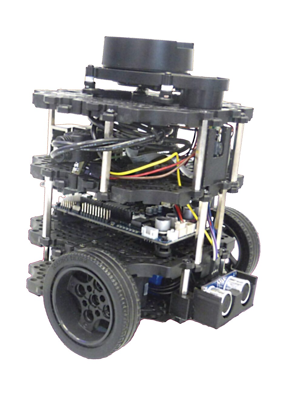 TurtleBot3 Burger with two wheels, stacked circuit boards, wiring and a top-mounted lidar