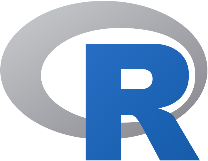 Blue letter R over a gray oval