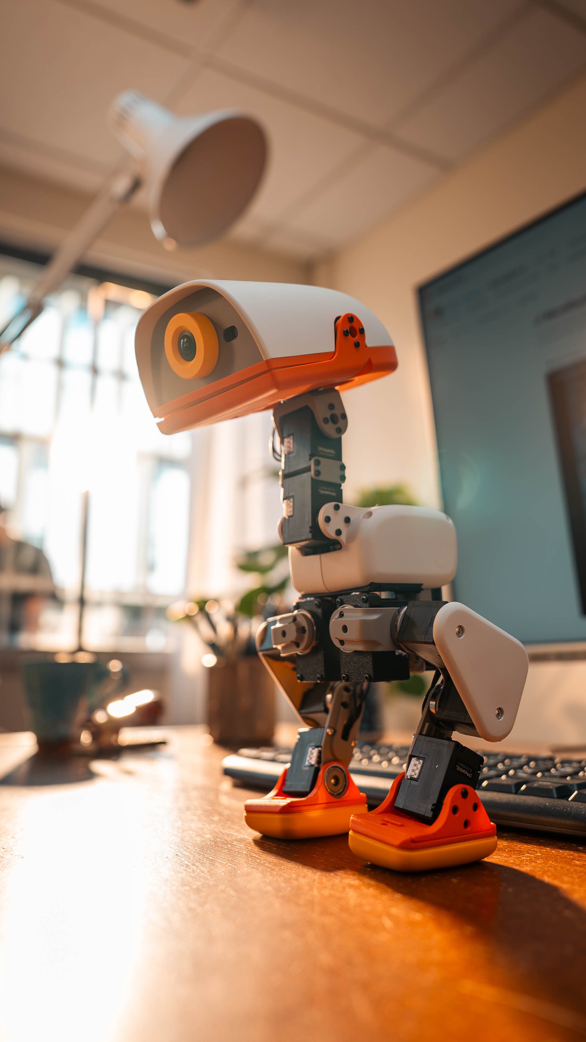 Cream-and-orange Microduck robot standing on a desk, with its articulated neck and legs visible