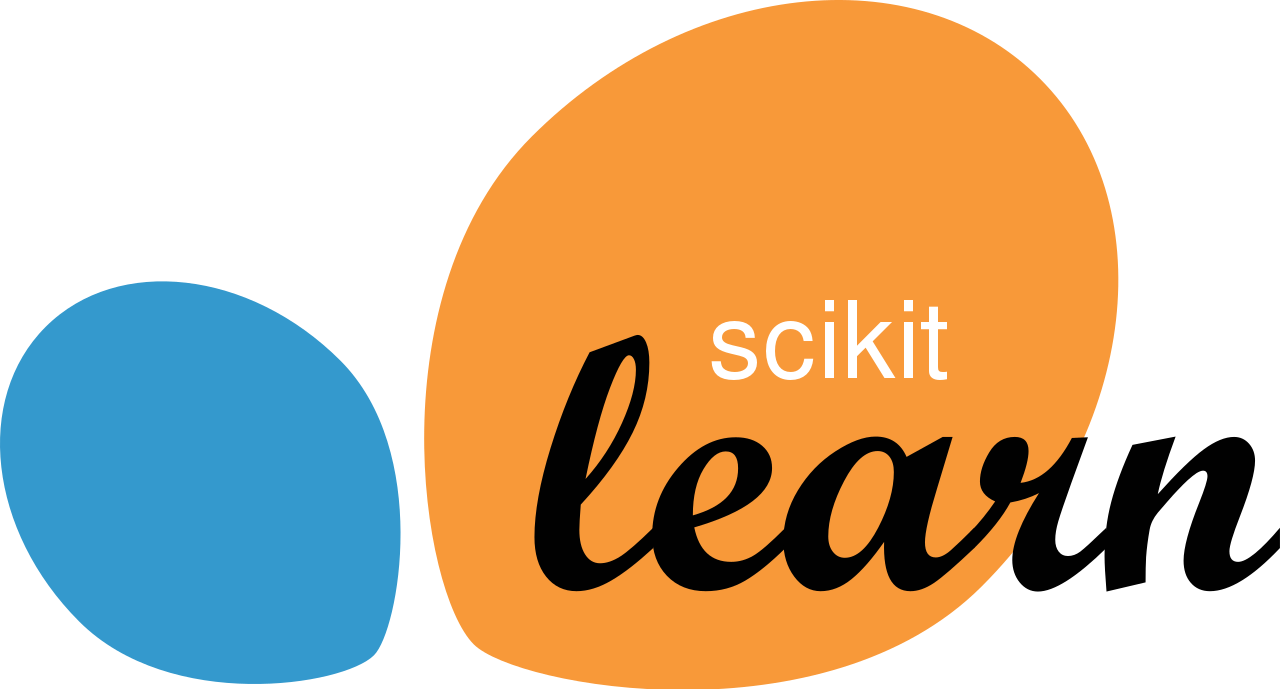 scikit-learn logo with blue and orange shapes and black learn lettering