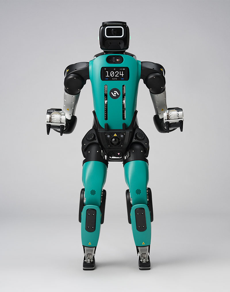 Teal and gray Agility Robotics Digit humanoid robot standing
