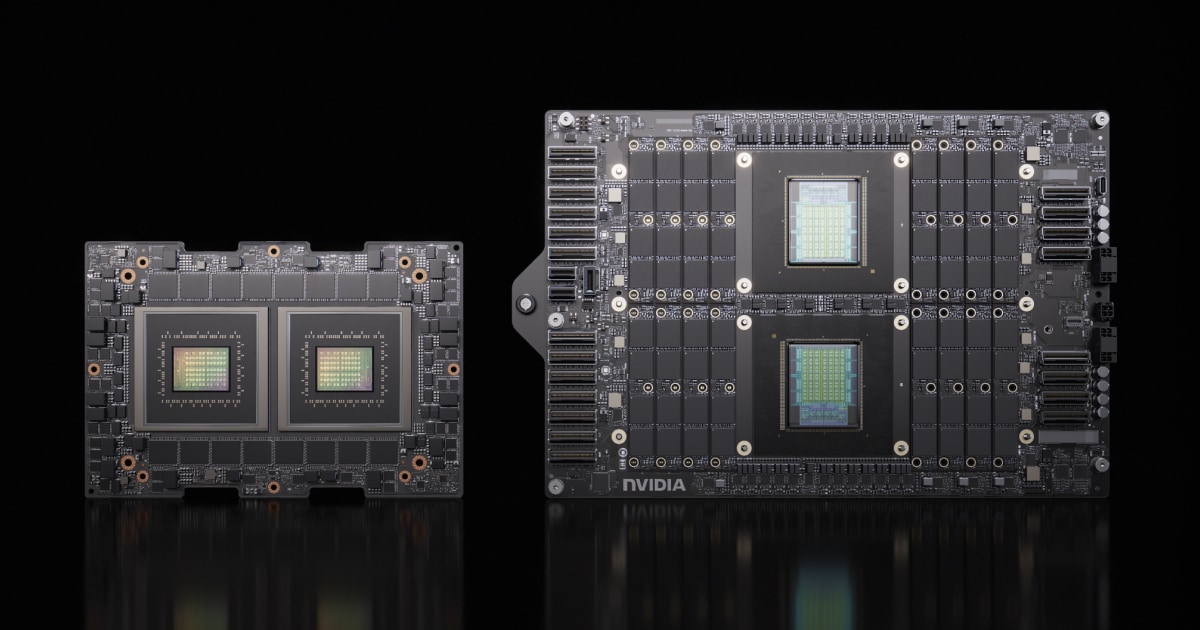Two NVIDIA Grace-based circuit boards on a dark background