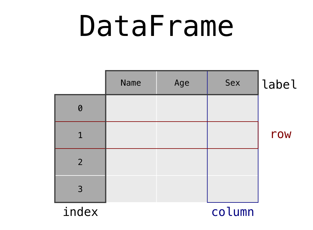 DataFrame schematic with columns Name, Age and Sex, index labels 0 through 3, a highlighted row and column, and labels identifying the index and column headers.